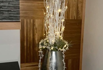 branches givres illumines dans vase chrome