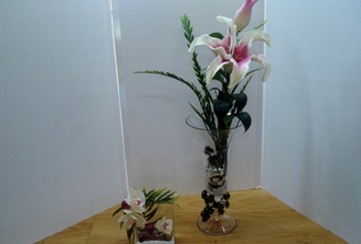  duo ,lys rose en artificiel et orchidé rosé