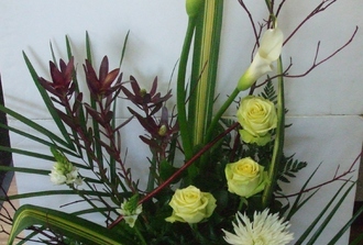 14- arrangement stylisé rose ,fudgi,leucadendron