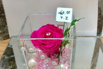 rose éternelle fushia dans vase carré transparent